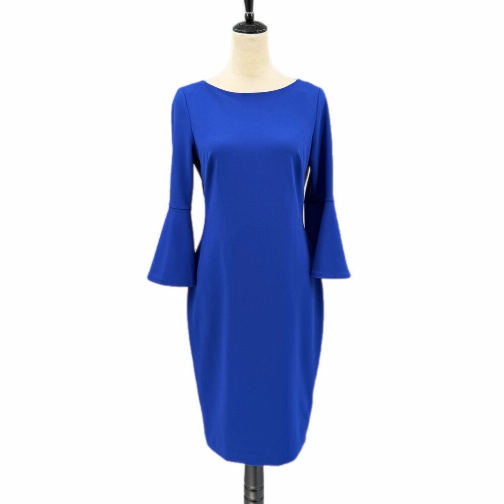 Calvin Klein Crepe Shift Bright Royal Blue 3/4 Bell Sleeve Sheath Chic Dress